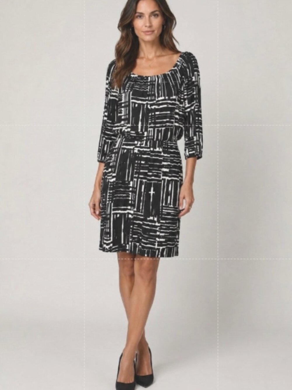 C22 AB Studio Black and White 3/4 Sleeve Dress, Large